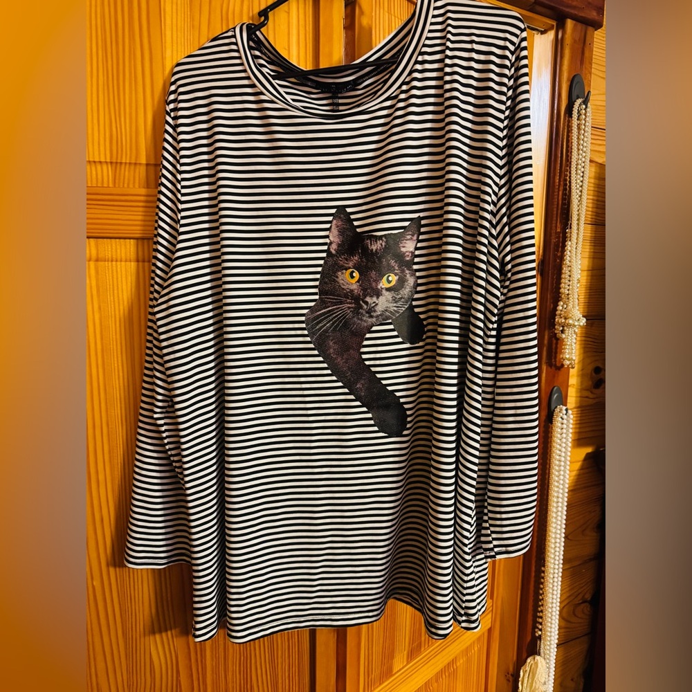 Black and White Striped Long Sleeve Top with Cat Design